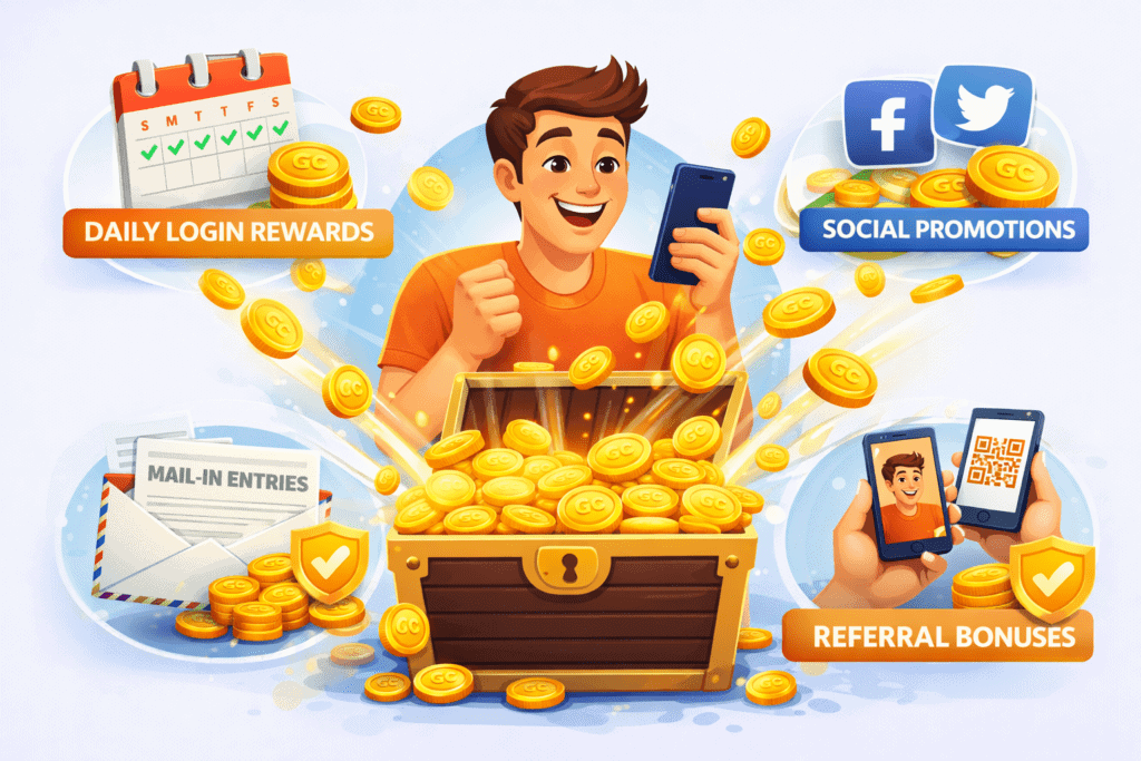 Player receiving free sweeps coins through daily bonuses, referrals, and promotions.