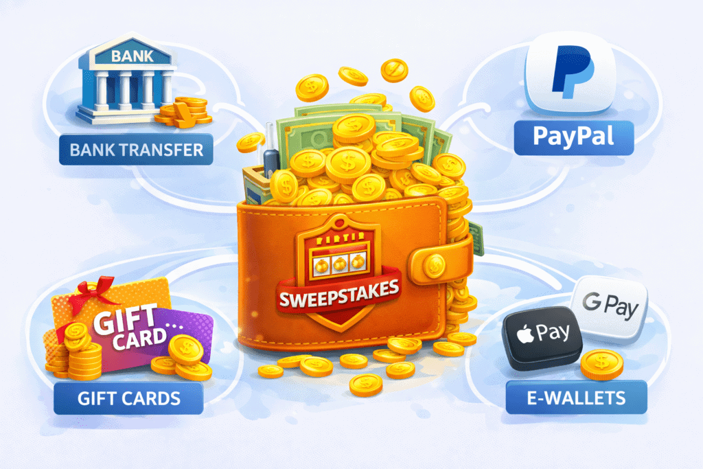 Sweepstakes casino payout options including PayPal, bank transfer, and gift cards.