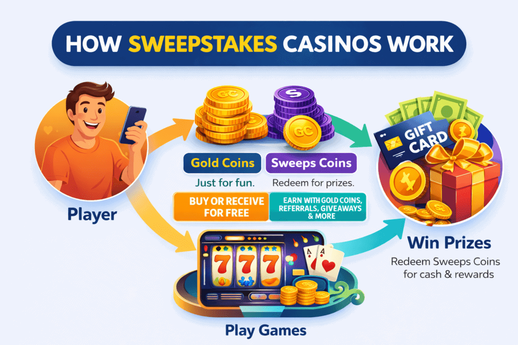 Simple visual diagram showing how sweepstakes casinos work using gold coins and sweeps coins