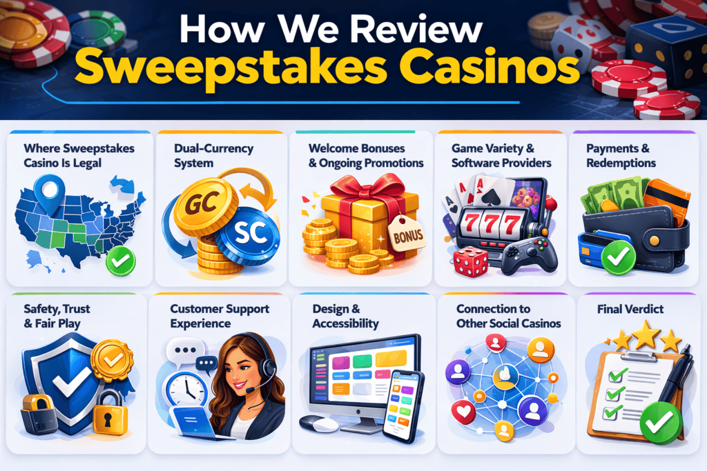 Infographic showing how we review sweepstakes casinos, including legality by state, dual-currency system (GC and SC), bonuses and promotions, game variety and software providers, payments and redemptions, safety and fair play, customer support, design and accessibility, social casino connections, and the final verdict.