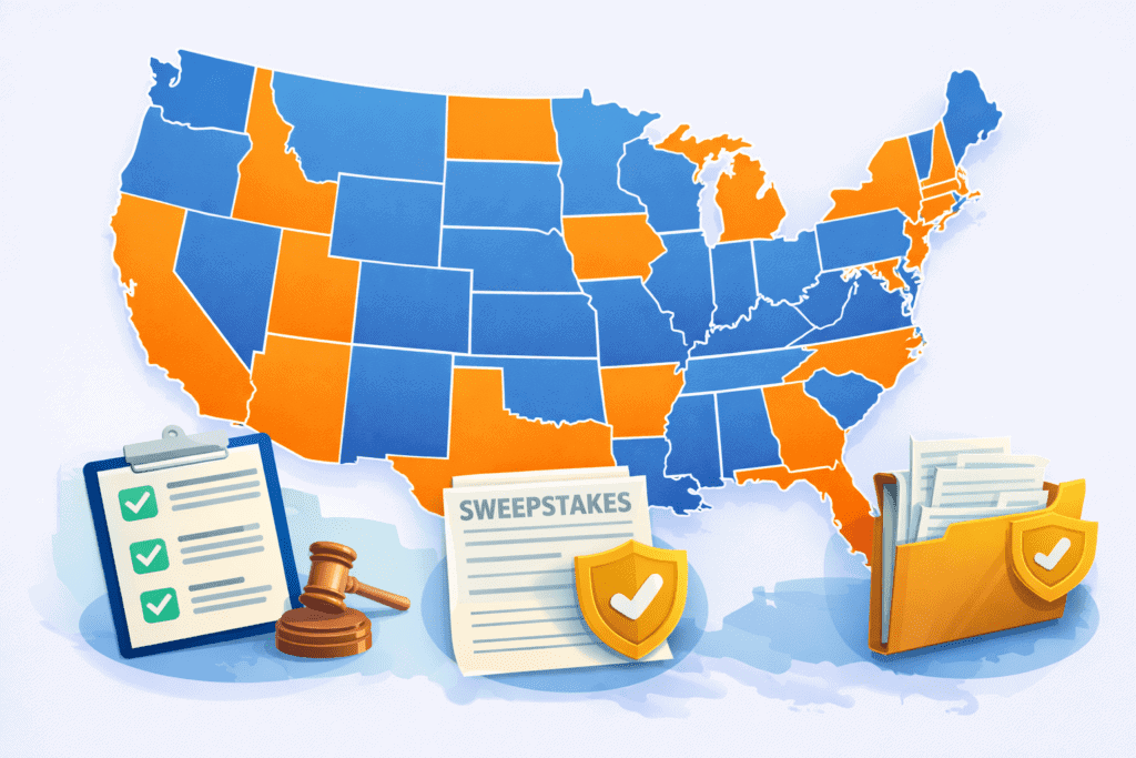 Map of the United States illustrating varying sweepstakes casino legality by state.