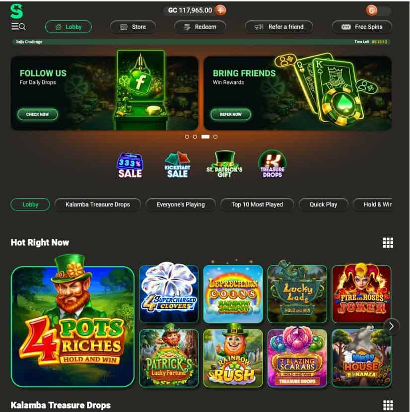 Sweepstakes bingo casino lobby with free games and coin balance
