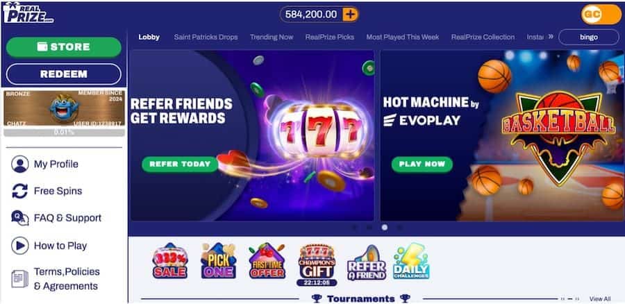 Online bingo game with gold coins and sweepstakes coins toggle