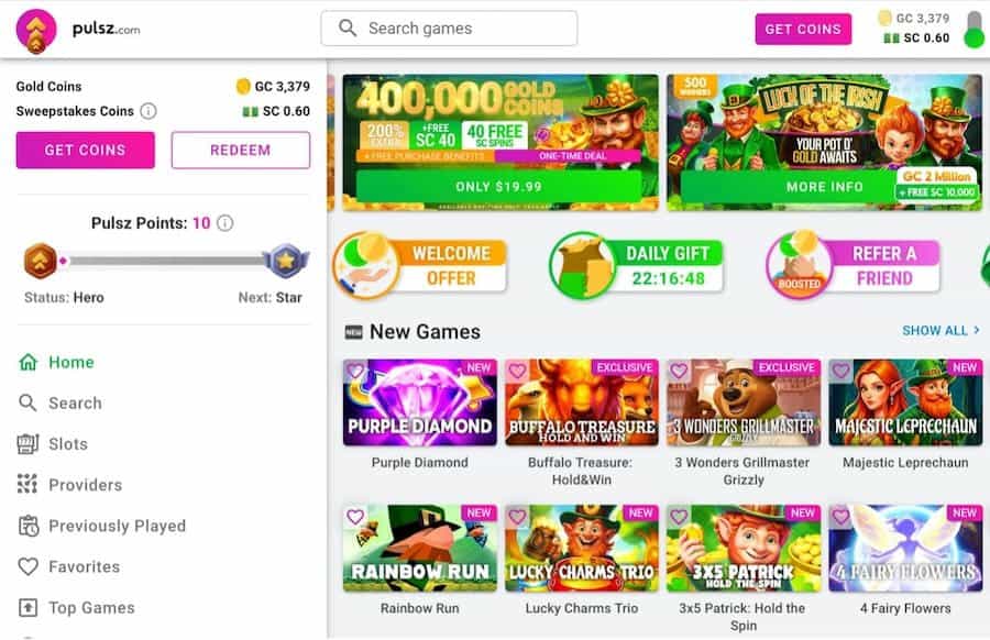 Sweepstakes bingo site showing coin packages and free SC bonuses