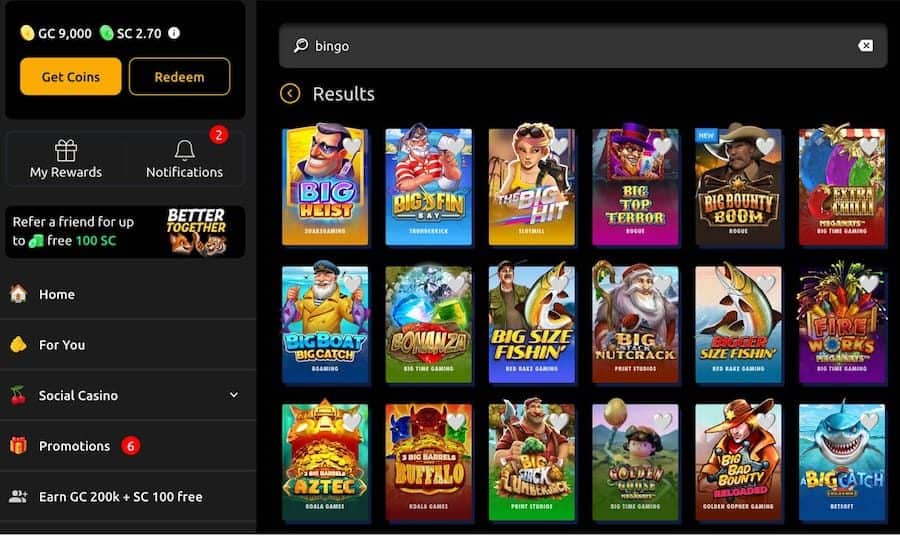 Popular sweepstakes bingo and slot games at social casino