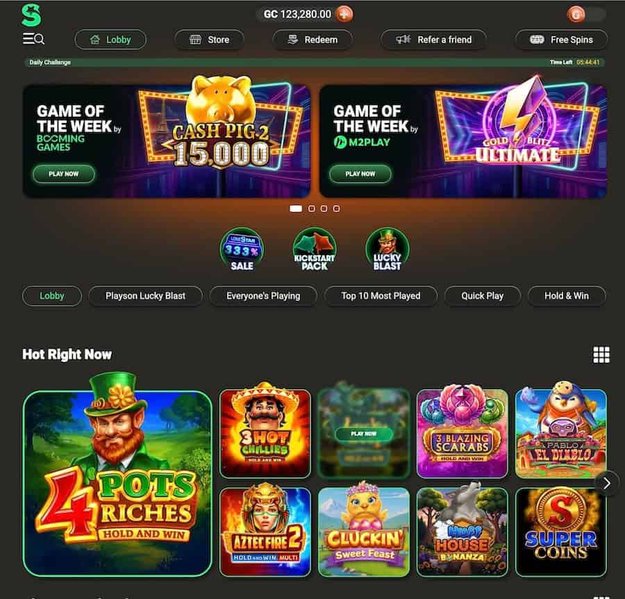 LoneStar Casino dashboard with slot games, jackpots, and daily rewards as a site like Funzpoints