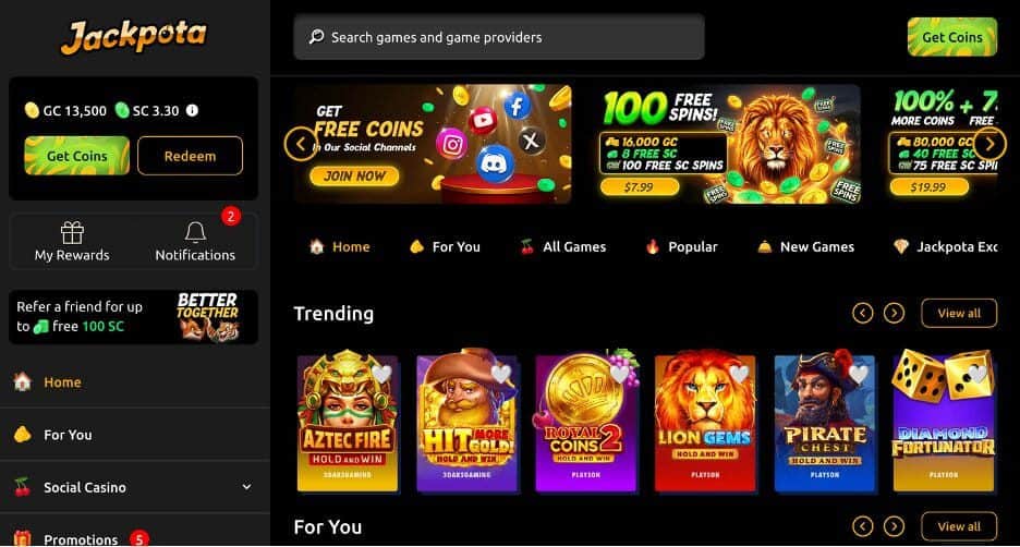 Jackpota sweepstakes casino platform featuring jackpot slots, live games, and free coins similar to Funzpoints