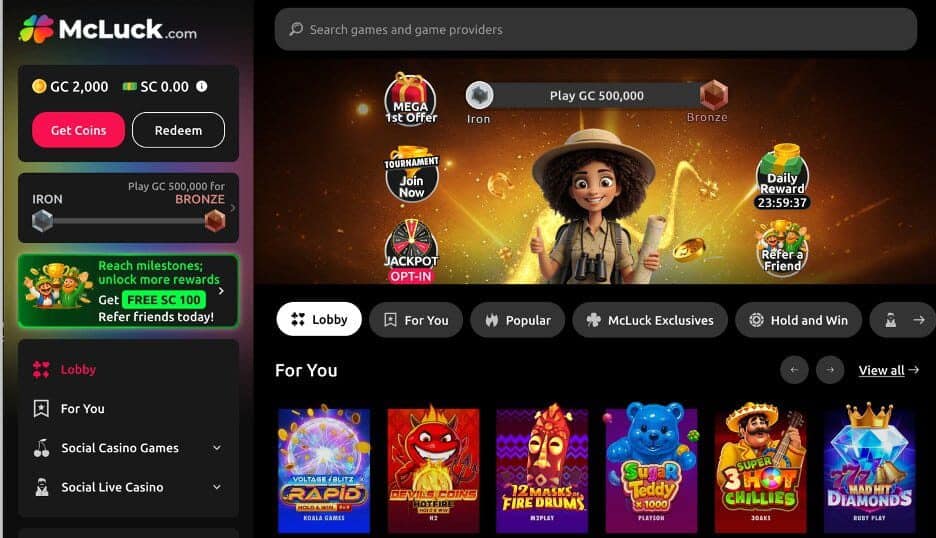 McLuck Casino interface with slots, live dealer games, and daily bonuses as a top Funzpoints alternative