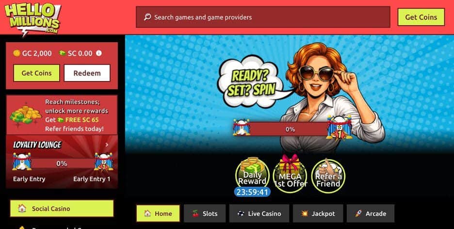 HelloMillions casino platform with live dealer games, slots, and daily rewards similar to Funzpoints