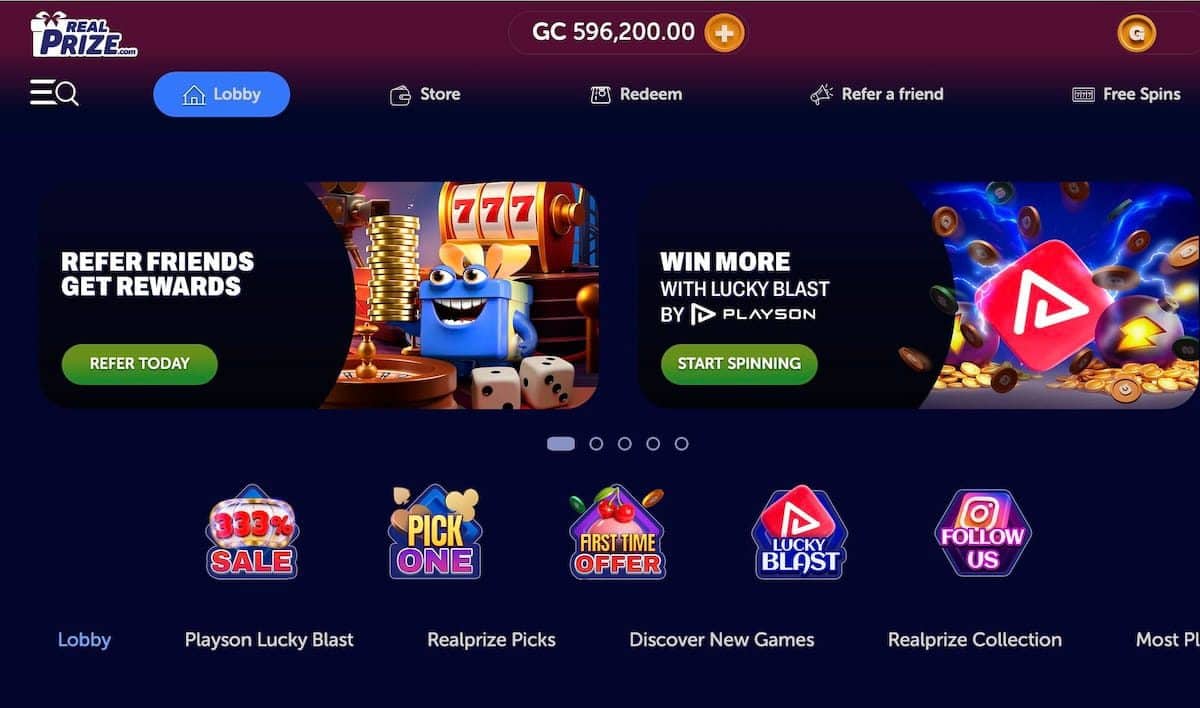 RealPrize Casino interface with slots, live roulette, and bonus coins as a Funzpoints alternative