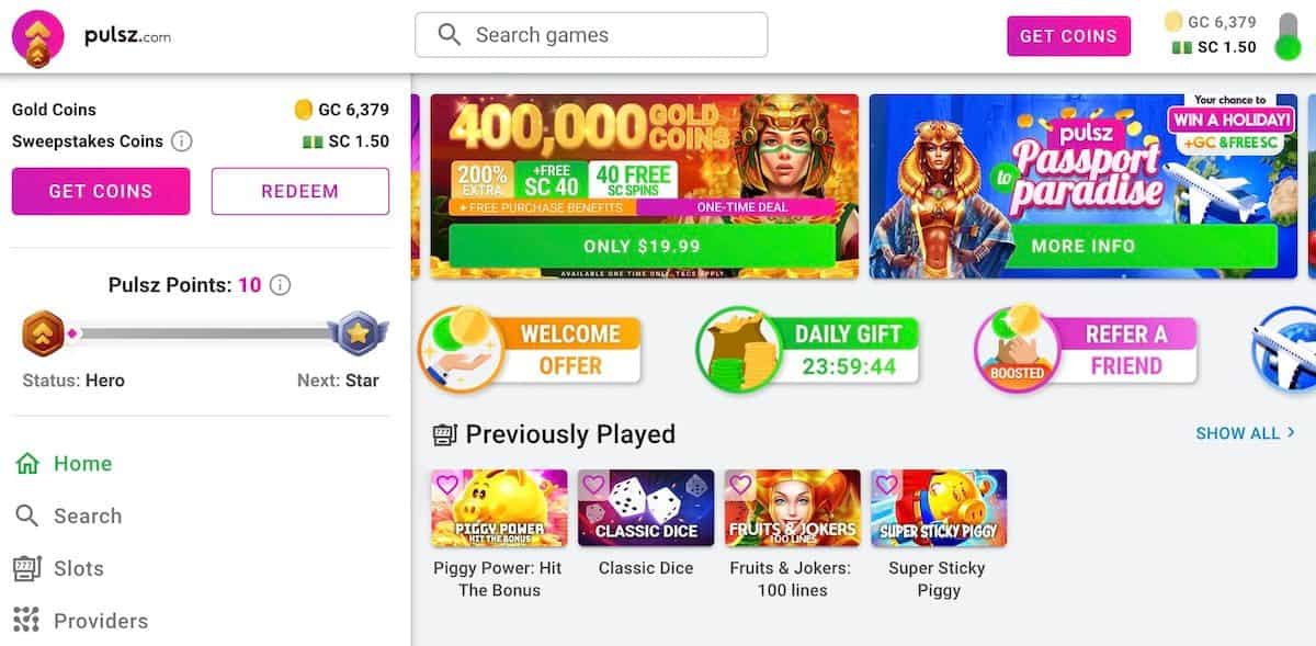 Pulsz Casino homepage displaying slots, promotions, and loyalty rewards as an alternative to Funzpoints