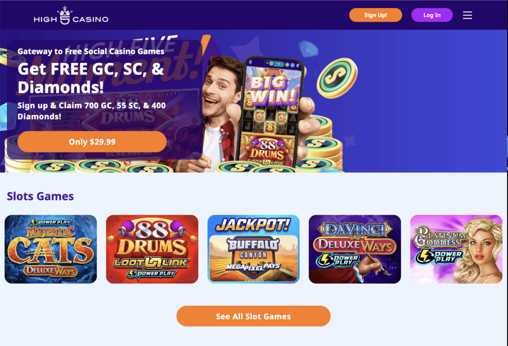 High 5 Casino homepage with welcome bonus offer and featured slot games