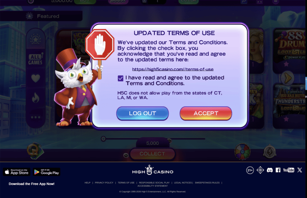 High 5 Casino terms of use update highlighting player agreement requirements and restricted states