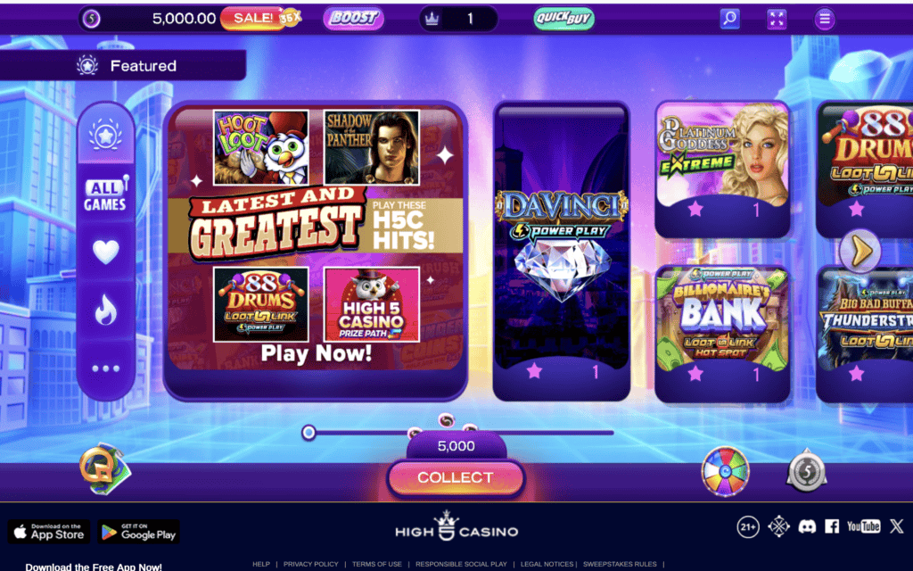 High 5 Casino featured games screen displaying exclusive slot titles and sweepstakes casino rewards