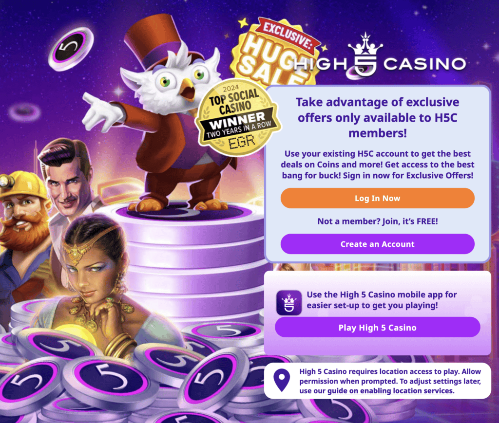 High 5 Casino welcome page highlighting bonus offers, account creation, and social casino rewards