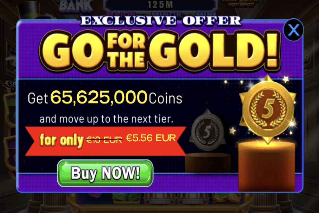 High 5 Casino special offer popup advertising discounted coin packages and VIP tier advancement