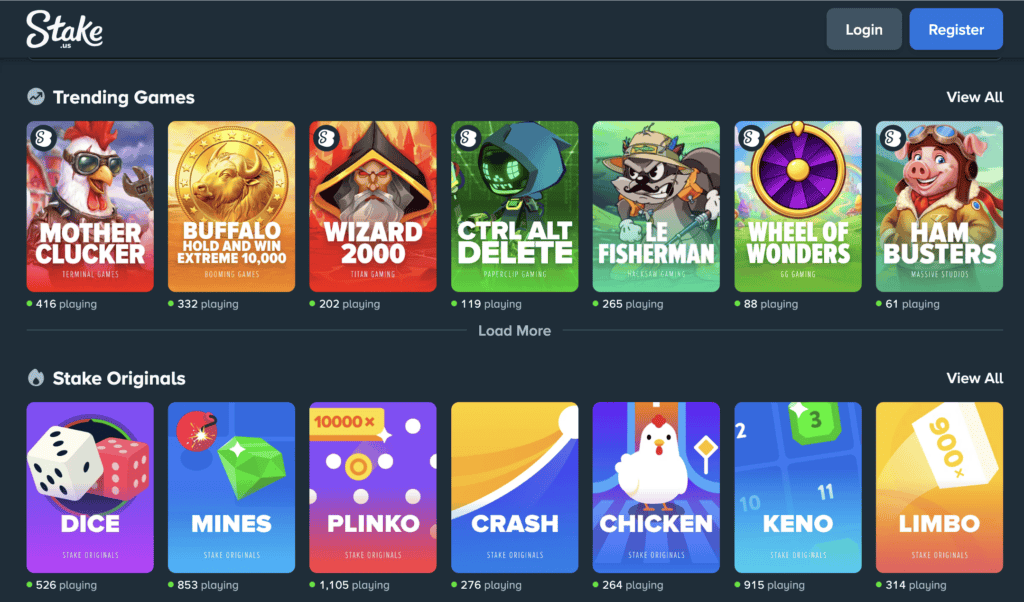 Stake.us sweepstakes casino game library showcasing trending slot games and popular Stake Originals