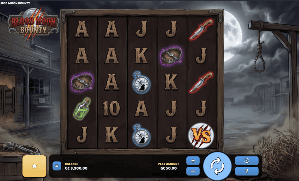 Blood Moon Bounty online slot with western symbols, bounty hunter theme, and bonus feature icons