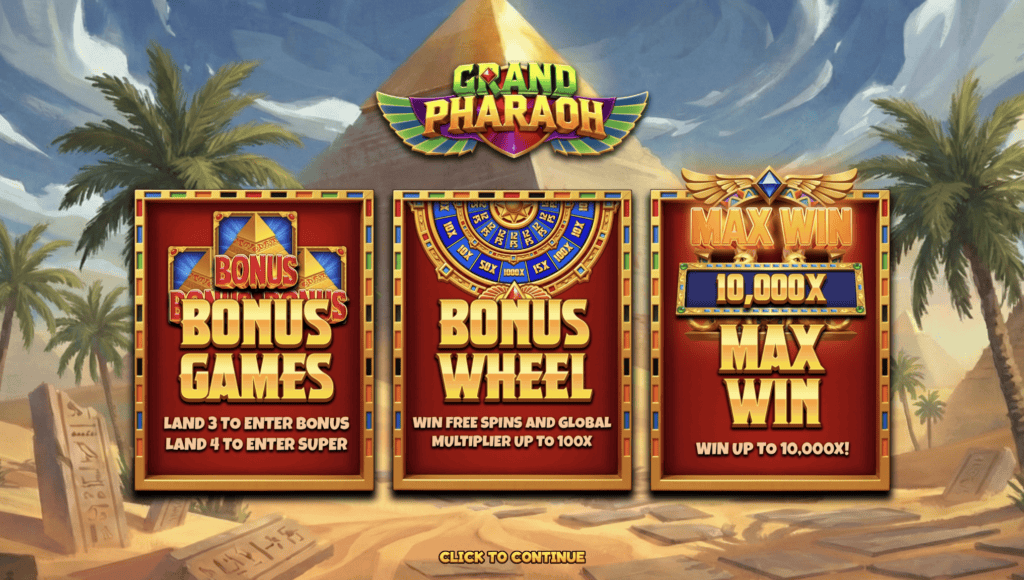 Grand Pharaoh slot bonus overview displaying bonus rounds, multiplier wheel, and high-payout features