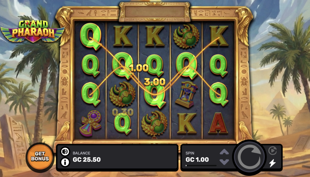Grand Pharaoh online slot featuring Egyptian symbols, winning combinations, and ancient Egypt-themed gameplay