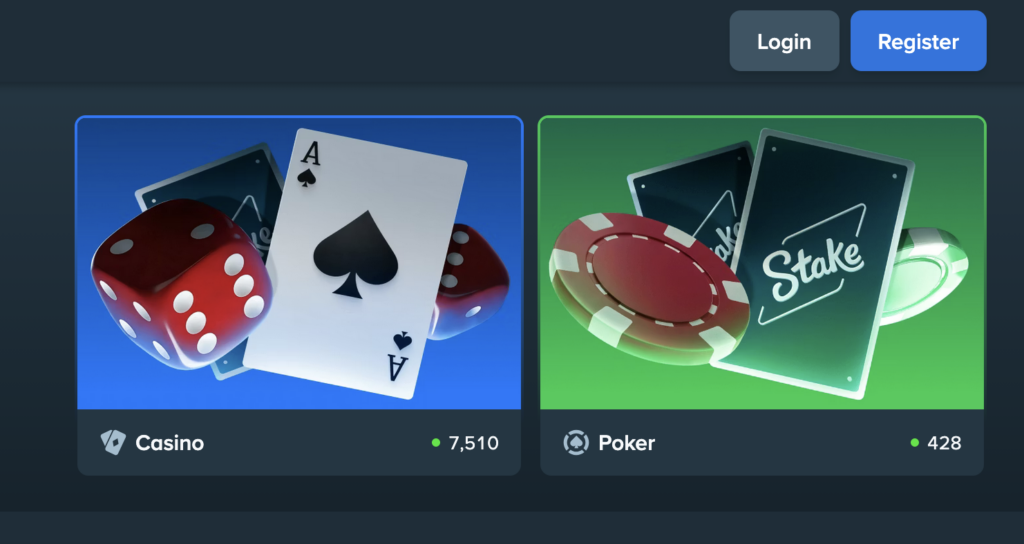 Stake.us game categories page showcasing casino games and online poker options for sweepstakes players