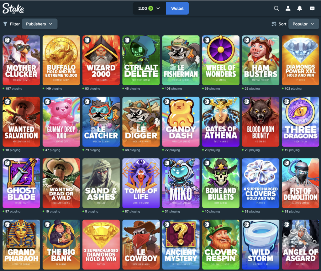 Stake.us game catalog showcasing titles from Hacksaw Gaming, Playson, Pocket Play, and other providers