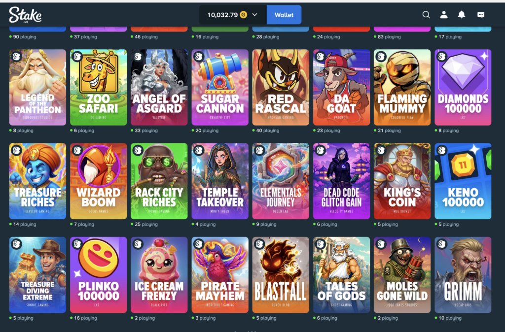 Stake.us games catalog showcasing hundreds of casino-style games from multiple software providers