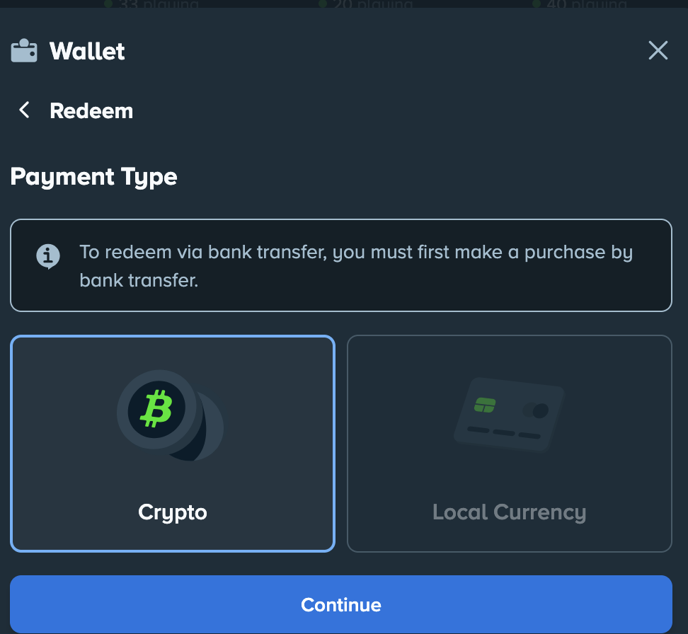 Stake.us redemption page allowing players to choose crypto or local currency payout methods