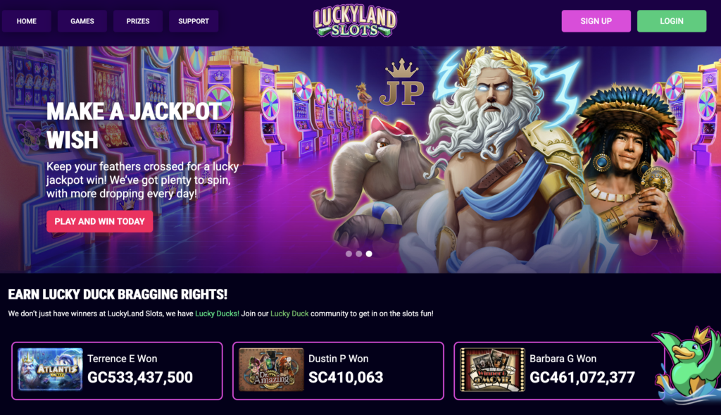 LuckyLand Slots online casino homepage showcasing jackpot slot games, winner promotions, and signup options.