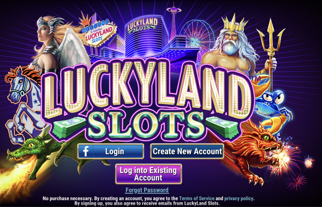 LuckyLand Slots welcome screen with account registration, login options, and colorful fantasy casino-themed artwork.