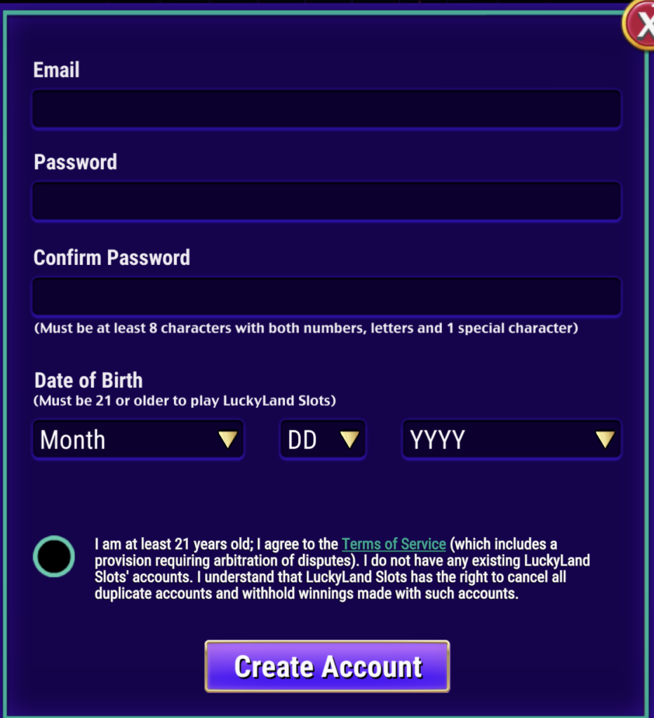 LuckyLand Slots sign-up form featuring account registration fields, age verification, terms agreement, and Create Account button.