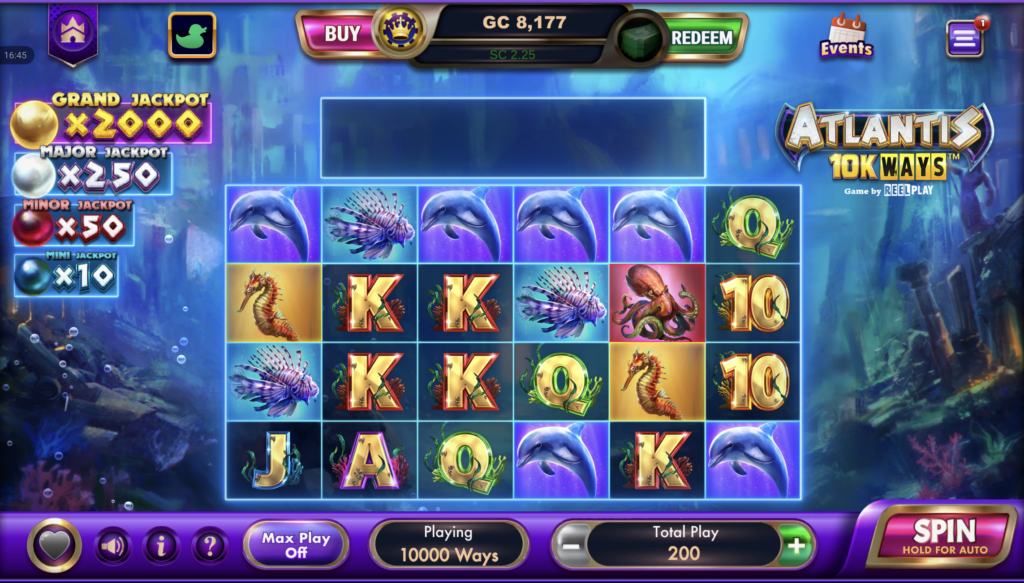 LuckyLand Slots Atlantis 10K Ways online slot featuring ocean-themed reels, jackpot multipliers, and interactive spin controls.