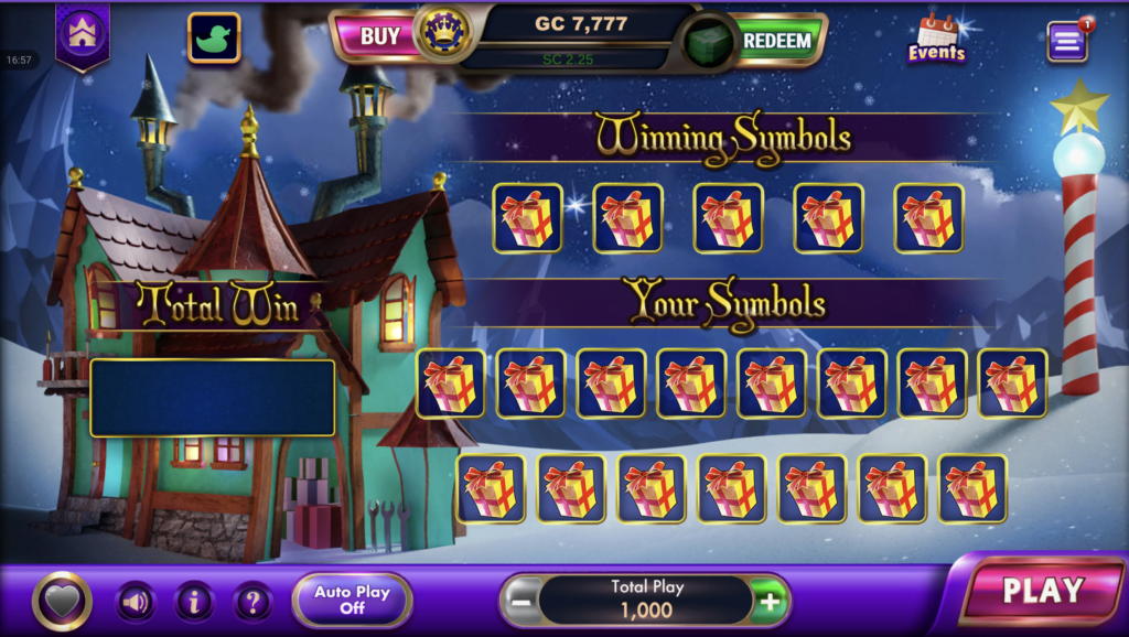 LuckyLand Slots holiday bonus feature with gift symbols, winter scenery, prize tracking, and play button interface.