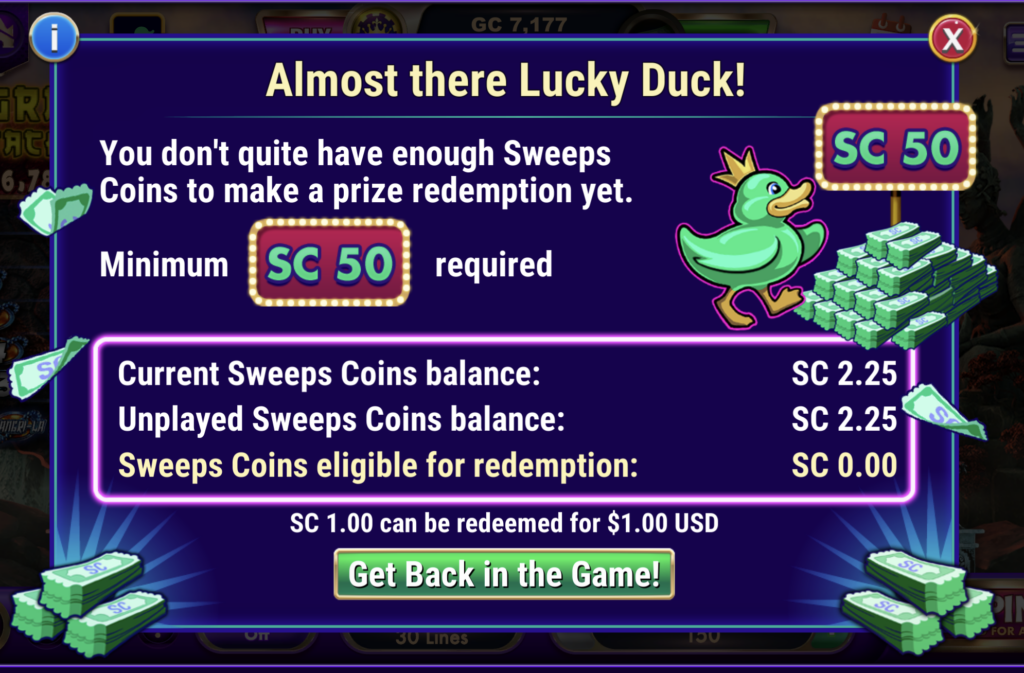 LuckyLand Slots prize redemption screen informing players that at least 50 Sweeps Coins are required before redeeming rewards.