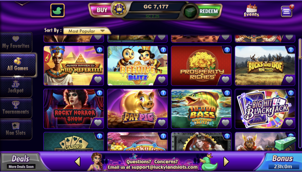 LuckyLand Slots game library featuring popular slot games, table games, jackpots, and navigation options for players.