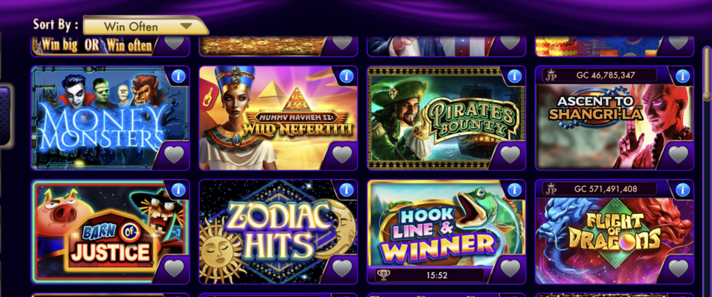 LuckyLand Slots game lobby displaying a curated selection of slot games sorted by win frequency, with jackpot and featured titles.