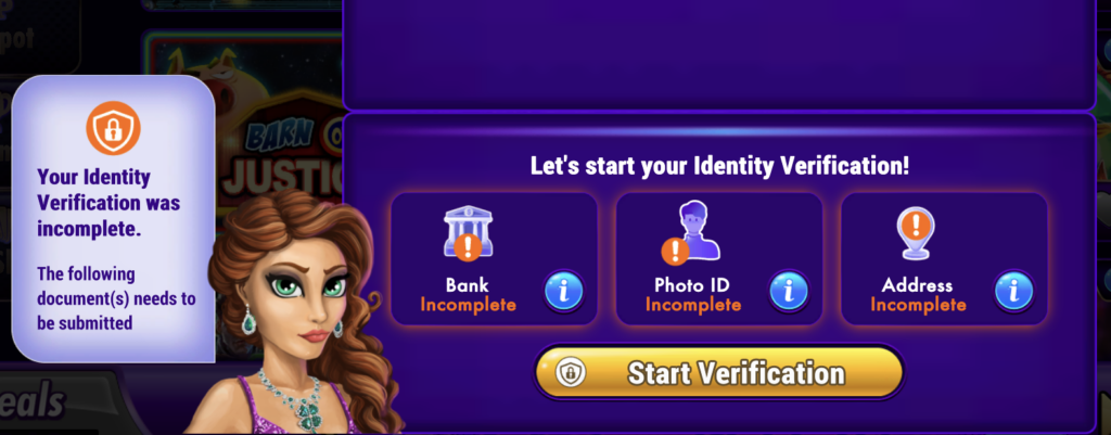 LuckyLand Slots account verification page displaying pending bank, photo ID, and address verification requirements before account approval.