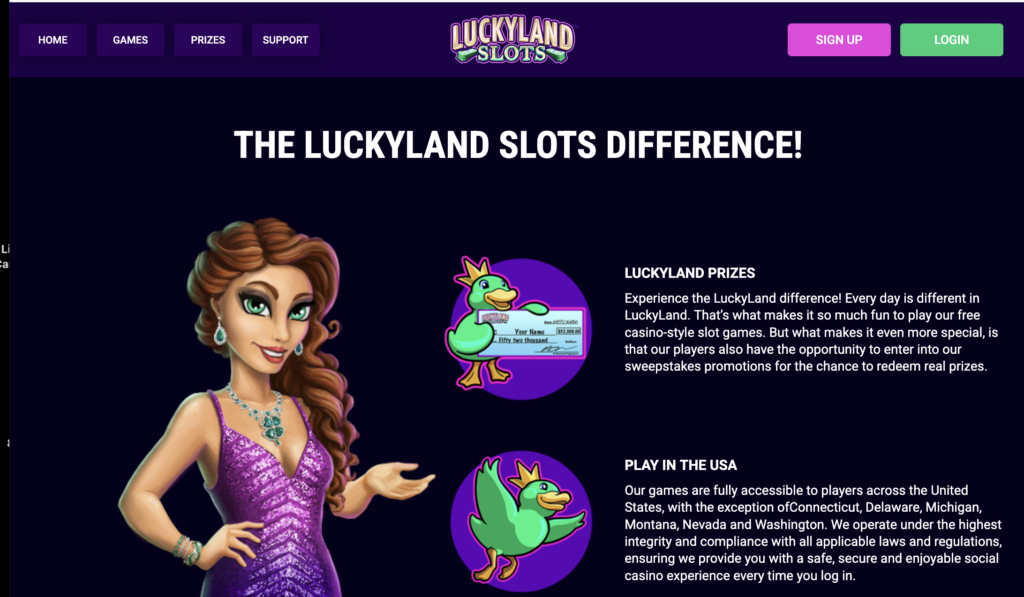 LuckyLand Slots difference page showcasing prize redemption options, nationwide accessibility, and a secure social casino gaming experience.