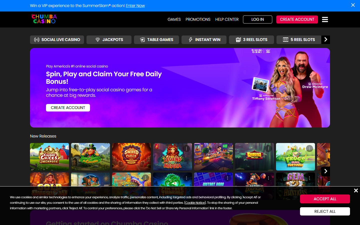Chumba Casino homepage showing WWE SummerSlam partnership and game lobby