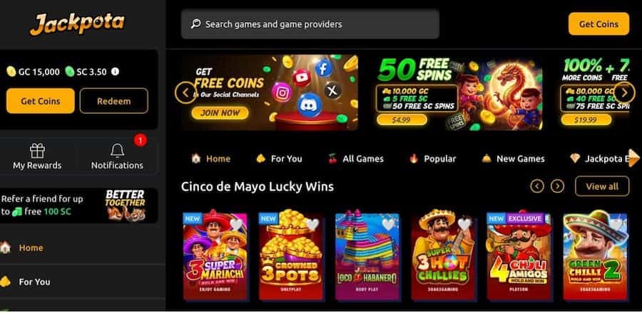 Jackpota sweepstakes casino interface with jackpot slots, live dealer games, and welcome bonus offer as a Yay Casino alternative