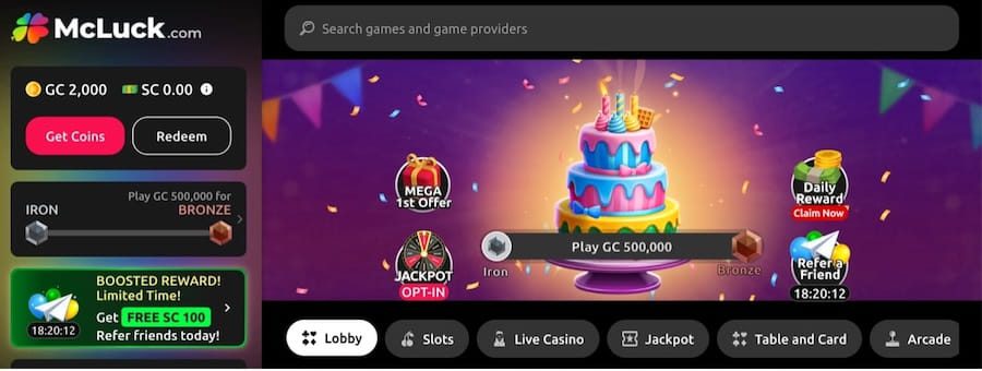 McLuck casino homepage displaying slots, table games, and dual coin system in a social casino like Yay Casino