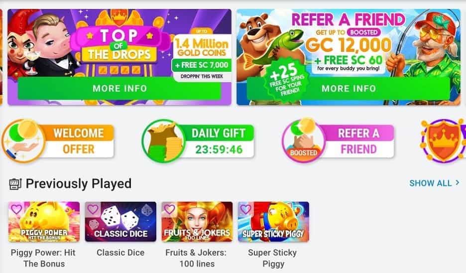 Pulsz Casino platform showing slot games, promotions, and loyalty program features similar to Yay Casino