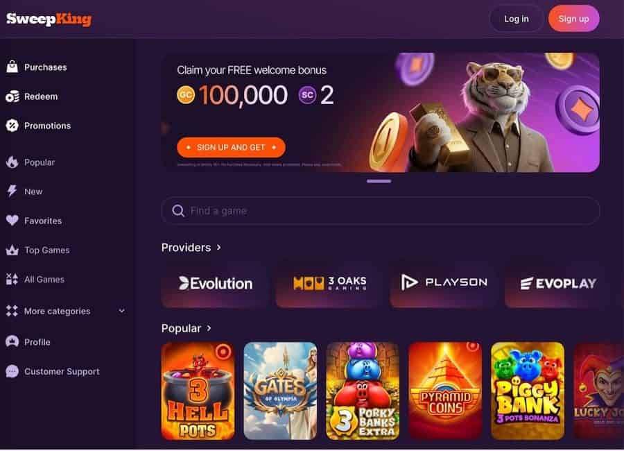 SweepKing Casino homepage with slots, table games, and welcome bonus coins as another site like Yay Casino