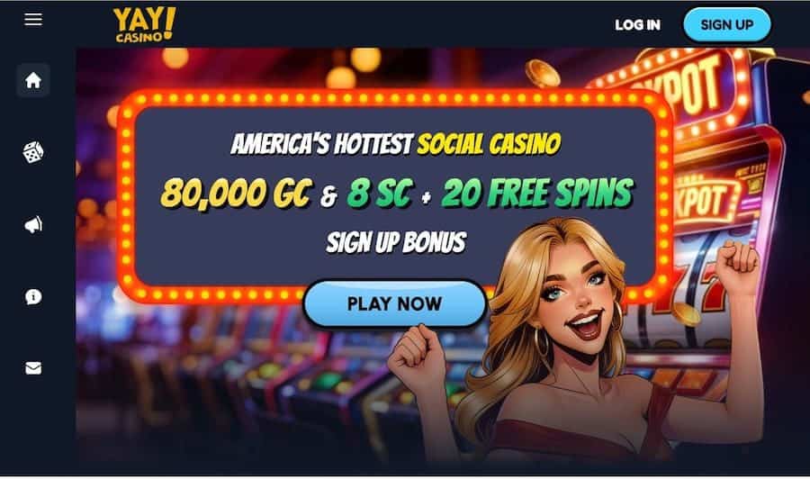 Yay Casino homepage showing free slots and sweepstakes casino games with colorful UI and large game selection