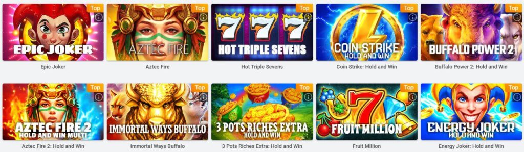Top-rated slot games at Pulsz Casino including Epic Joker, Aztec Fire, Hot Triple Sevens, and Buffalo Power 2"